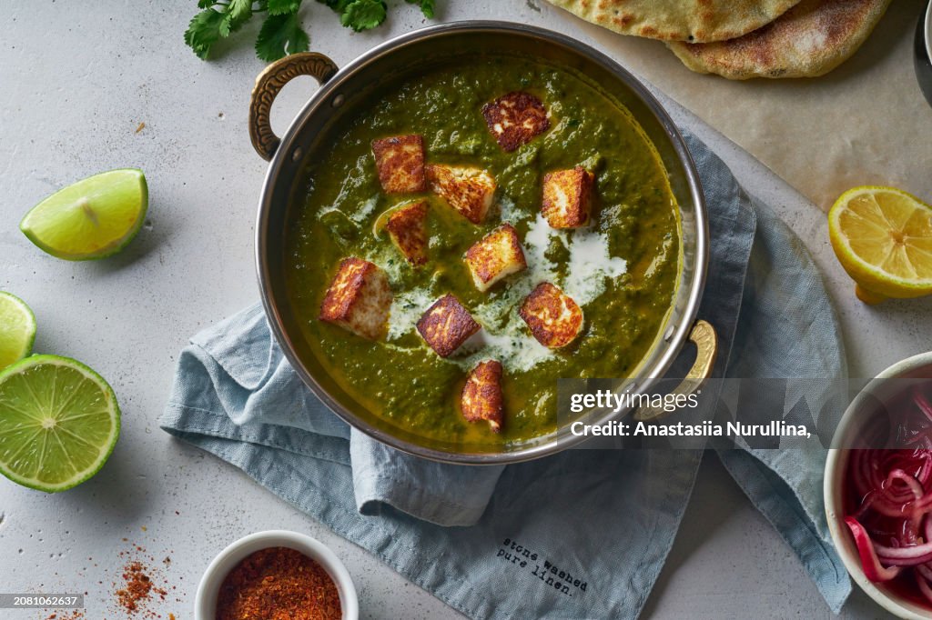 Vegetarian palak paneer starter with soft cheese and spinach