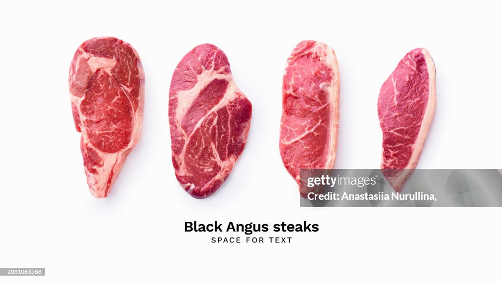 Black angus prime beef steak variety isolated on white background with copy space