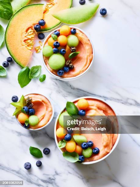 melon smoothie breakfast bowl - rockmelon stock pictures, royalty-free photos & images