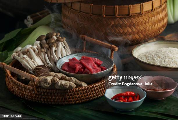 ingredients for asian dishes from the bamboo steamer - spice basket stock pictures, royalty-free photos & images