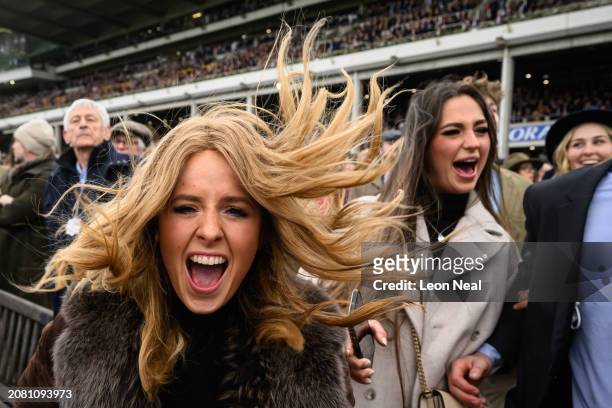 Race-goers celebrate Ballyburn's win in the Gallagher Novices' Hurdle Race on Style Wednesday, day two of the Cheltenham Festival at Cheltenham...