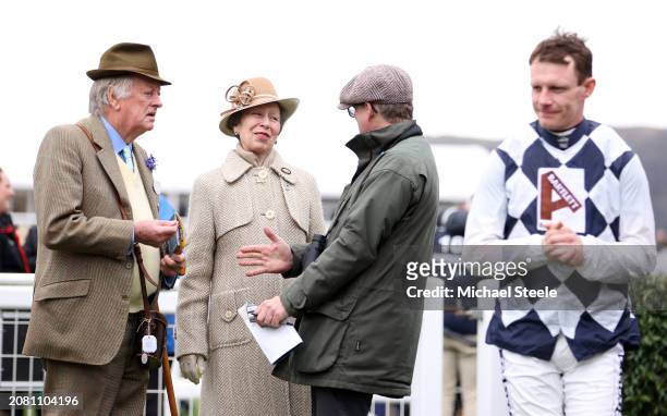 Anne, Princess Royal looks on alongside winning jockey Paul Townend following the Gallagher Novices Hurdle during day two of the Cheltenham Festival...