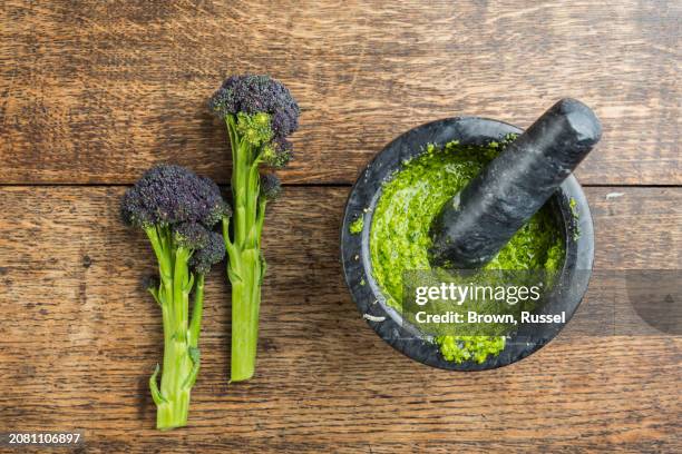 broccoli pesto in a mortar - pesto sauce stock pictures, royalty-free photos & images