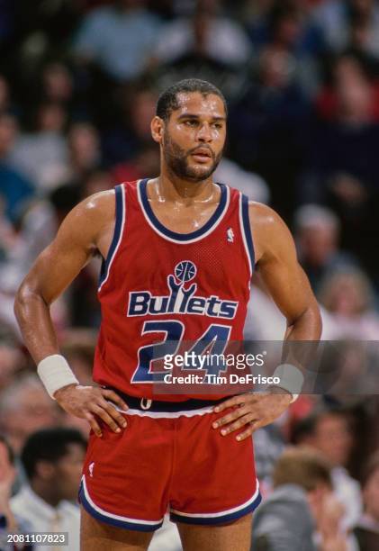 Jeff Malone, Shooting Guard for the Washington Bullets looks on with hands on hips during the NBA Midwest Division basketball game against the Denver...