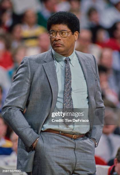 Wes Unseld , Head Coach for the Washington Bullets looks on from the side line during the NBA Midwest Division basketball game against the Denver...