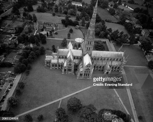An aerial view of Salisbury Cathedral and its surroundings, Wiltshire, July 21st 1953.