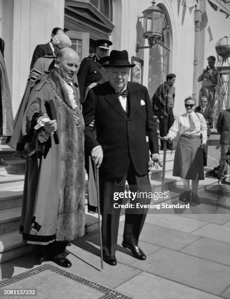 Mayor of Hastings, Alderman Frederick Tom Hussey guides Sir Winston Churchill during his visit to Hastings as Lord Warden of the Cinque Ports,...