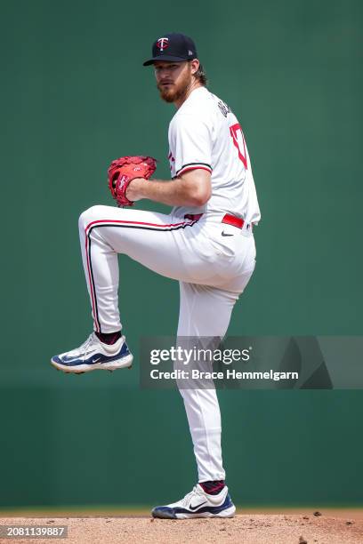 Bailey Ober of the Minnesota Twins pitches during a spring training game against the New York Yankees on March 9, 2024 at the Lee County Sports...