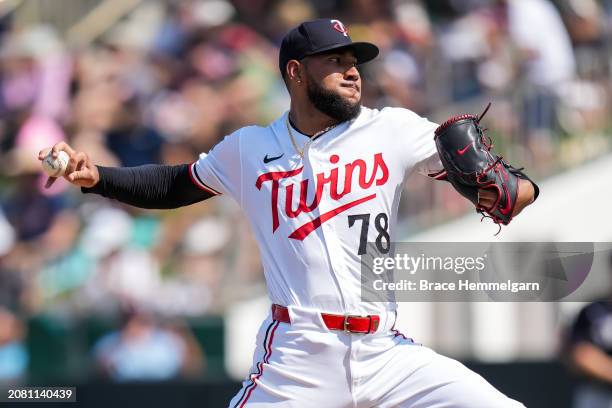 Simeon Woods Richardson of the Minnesota Twins pitches during a spring training game against the New York Yankees on March 9, 2024 at the Lee County...