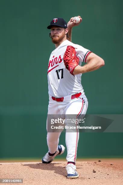Bailey Ober of the Minnesota Twins pitches during a spring training game against the New York Yankees on March 9, 2024 at the Lee County Sports...