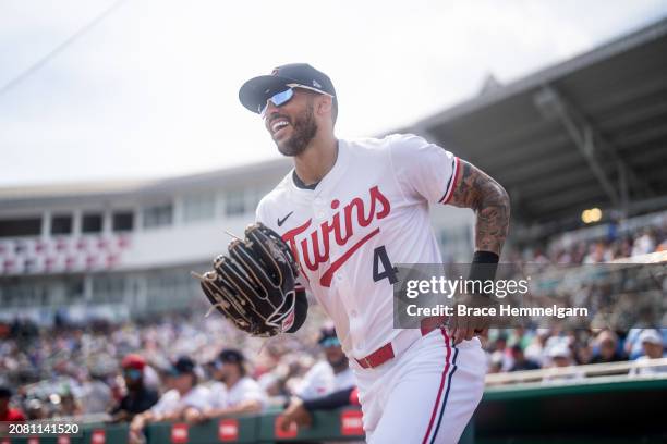 Carlos Correa of the Minnesota Twins looks on during a spring training game against the New York Yankees on March 9, 2024 at the Lee County Sports...