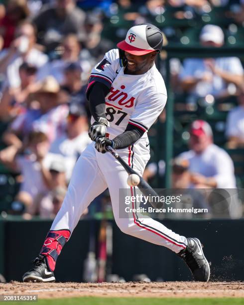 Yunior Severino of the Minnesota Twins bats during a spring training game against the New York Yankees on March 9, 2024 at the Lee County Sports...