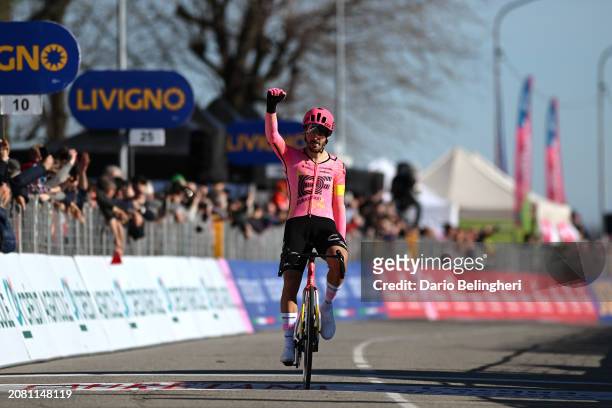 Alberto Bettiol of Italy and Team EF Education - EasyPost celebrates at finish line as race winner during the 105th Milano-Torino 2024 a 177km one...