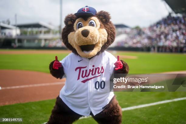 Minnesota Twins mascot TC Bear during a spring training game against the New York Yankees on March 9, 2024 at the Lee County Sports Complex in Fort...