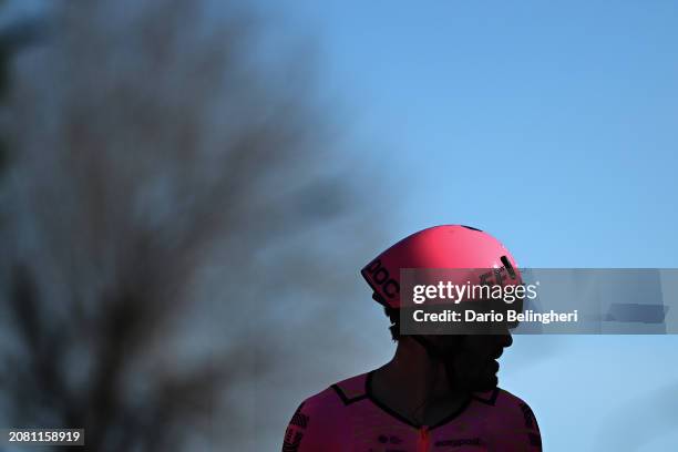 Silhouette of Alberto Bettiol of Italy and Team EF Education - EasyPost celebrating at finish line as race winner during the 105th Milano-Torino 2024...