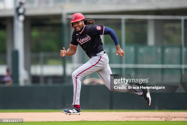 James Wood of the Washington Nationals runs during a spring training game against the Minnesota Twins on March 10, 2024 at the Lee County Sports...