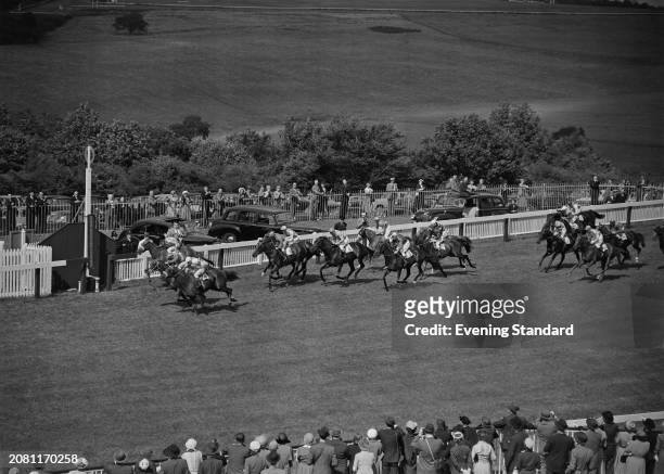 Jockeys and horses approaching the winning post during the Stewards' Cup at Goodwood Racecourse, West Sussex, July 31st 1953.