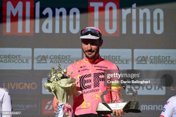 Alberto Bettiol of Italy and Team EF Education - EasyPost celebrates at podium as race winner during the 105th Milano-Torino 2024 a 177km one day...