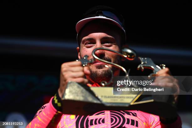 Alberto Bettiol of Italy and Team EF Education - EasyPost celebrates at podium as race winner during the 105th Milano-Torino 2024 a 177km one day...