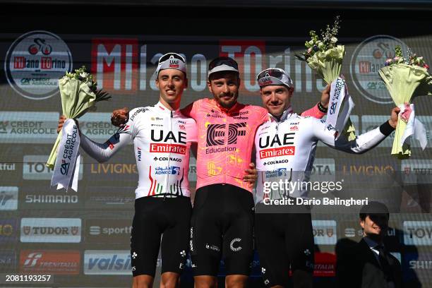 Jan Chisten of Switzerland and Team UAE Emirates on second place, race winner Alberto Bettiol of Italy and Team EF Education - EasyPost and Marc...