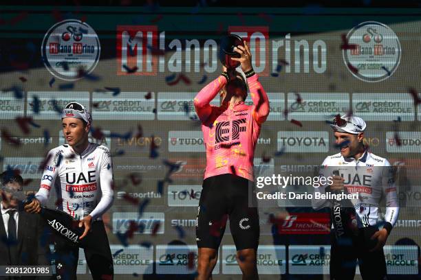 Jan Chisten of Switzerland and Team UAE Emirates on second place, race winner Alberto Bettiol of Italy and Team EF Education - EasyPost and Marc...