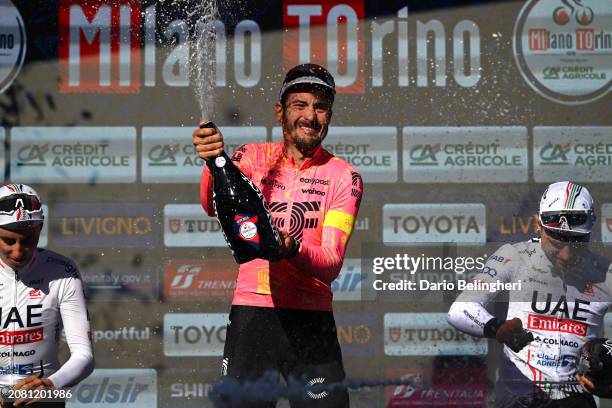 Jan Chisten of Switzerland and Team UAE Emirates on second place, race winner Alberto Bettiol of Italy and Team EF Education - EasyPost and Marc...