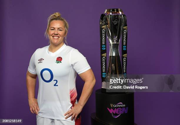 Marlie Packer, the England captain, poses with the Six Nations trophy during Guinness Women's Six Nations Launch 2024 at Frameless on March 13, 2024...