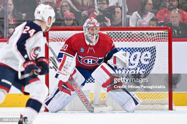 Cayden Primeau of the Montreal Canadiens tends the net during the second period against the Columbus Blue Jackets at the Bell Centre on March 12,...