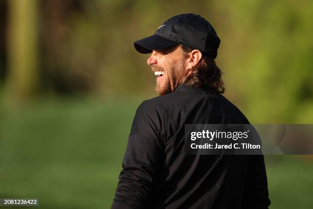 Tommy Fleetwood of England reacts on the tenth green prior to THE PLAYERS Championship on the Stadium Course at TPC Sawgrass on March 13, 2024 in...