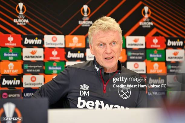David Moyes of West Ham United during the UEFA Europa League 2023/24 round of 16 second leg training and press conference at Rush Green on March 13,...