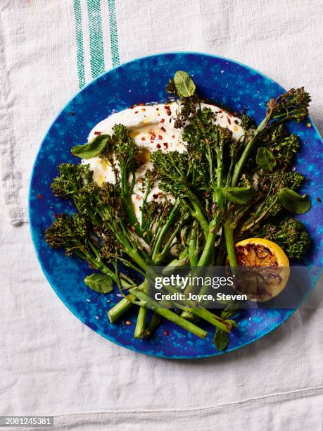 charred broccoli and lemon on mint yogurt - broccolini stock pictures, royalty-free photos & images