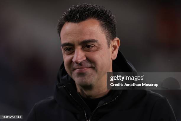 Xavi Hernandez Head coach of FC Barcelona reacts prior to the UEFA Champions League 2023/24 round of 16 second leg match between FC Barcelona and SSC...