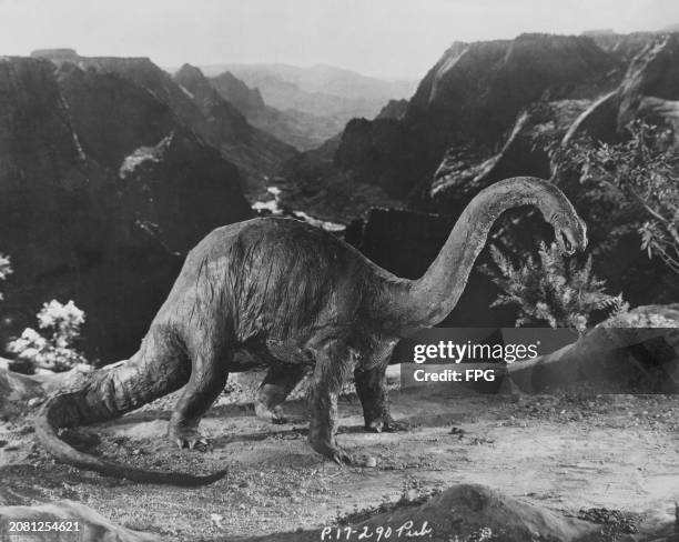 Brontosaurus in a scene from 'The Lost World', the special effects were filmed at Brunton Studios in Los Angeles, California, 1924. Directed by Harry...