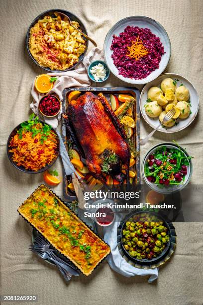 st. martin's goose with side dishes - goose meat stock pictures, royalty-free photos & images