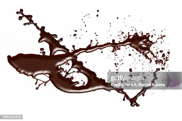 splashes and drops of hot liquid chocolate in motion on a white background. - chocolate white background stock pictures, royalty-free photos & images