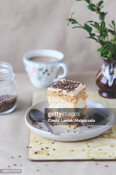 layer cake with dulce de leche, coconut meringue and coffee frosting - coconut chunks stock pictures, royalty-free photos & images