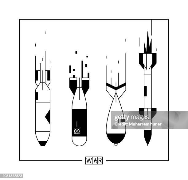 black and white vector illustration of 4 different war missiles. - hydrogen bomb stock illustrations