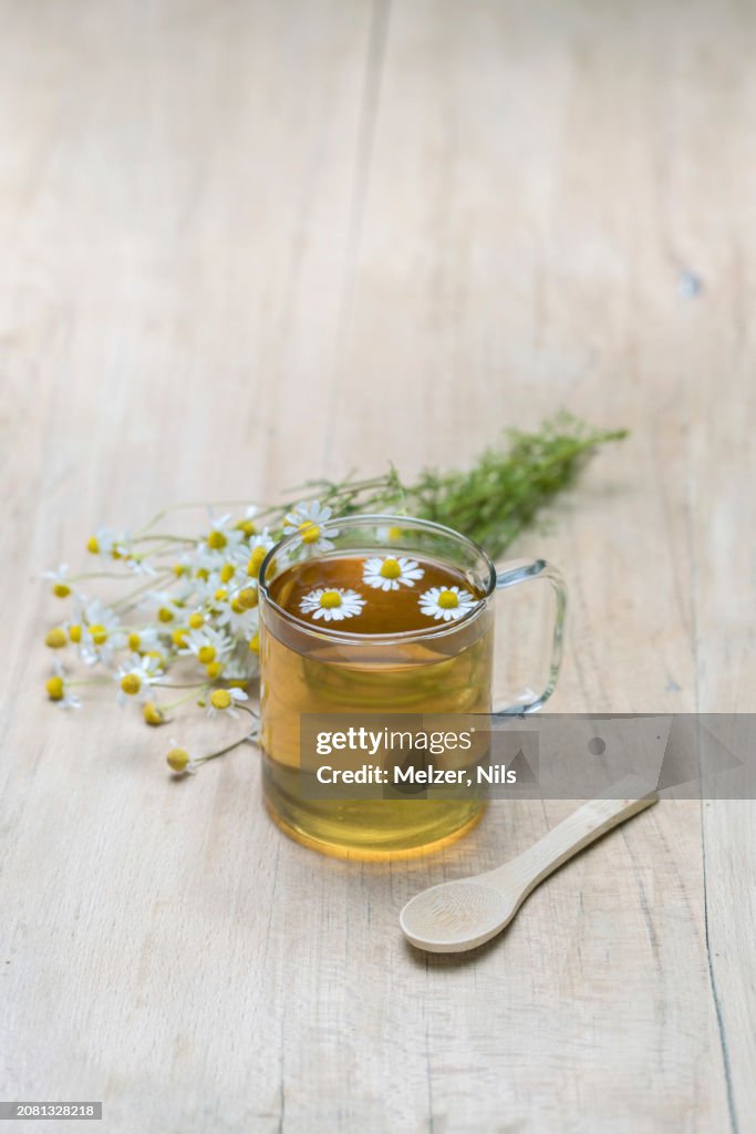 Chamomile tea in a glass cup