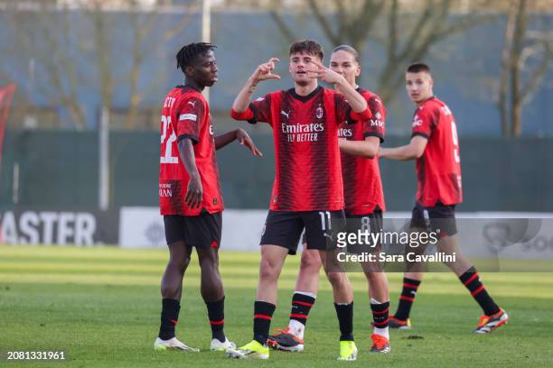 Diego Sia of AC Milan celebrates after scoring his team's first goal during the UEFA Youth League 2023/24 Quarter-final match between AC Milan and...