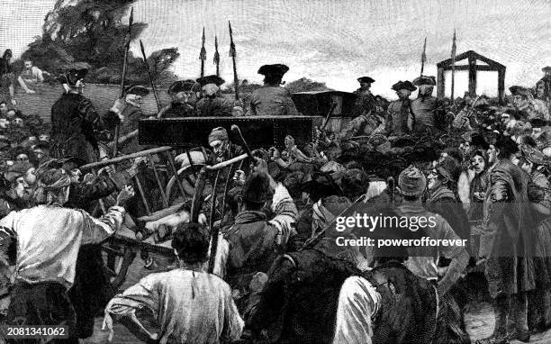 illustrazioni stock, clip art, cartoni animati e icone di tendenza di jonathan wild viene trasportato alla sua esecuzione a tyburn, inghilterra - 18 ° secolo - strumenti-per-esecuzioni