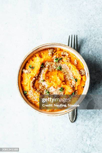 sweet potato puree with sesame butter and thyme - mashed sweet potato stock pictures, royalty-free photos & images