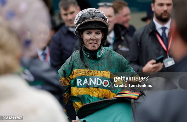 Rachael Blackmore after victory on Inthepocket in the Poundland Top Novices Hurdle during racing on day two of the Grand National jump racing...