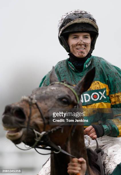 Rachael Blackmore after victory on Inthepocket in the Poundland Top Novices Hurdle during racing on day two of the Grand National jump racing...