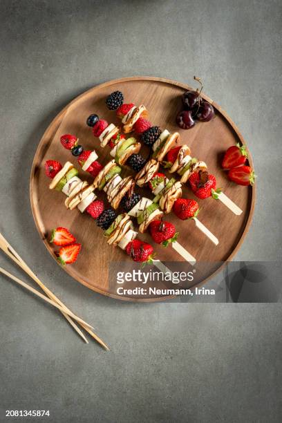 mini pancake skewers with fruit - protein pancakes stock pictures, royalty-free photos & images