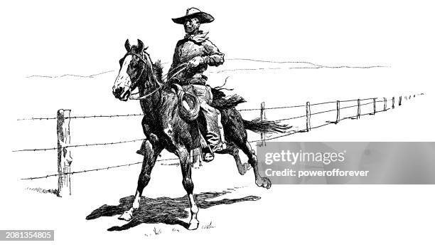 mexican ranchero checking a barbed wire fence in texas, united states - 19th century - ranch style fence stock illustrations
