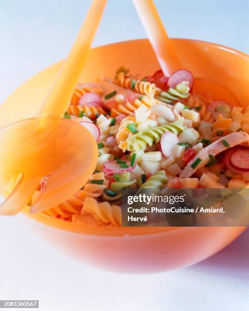 pasta salad radish tomatoes and cucumbers - lattuga fotografías e imágenes de stock