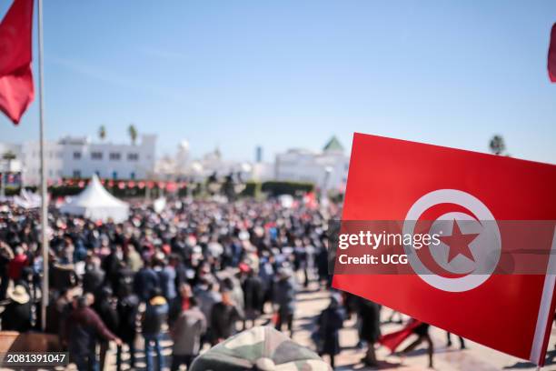 March 2024, Tunisia, Protesters raising placards an anti-government demonstration at Al Kasbah Square in Tunis, Protest called by General Union of...