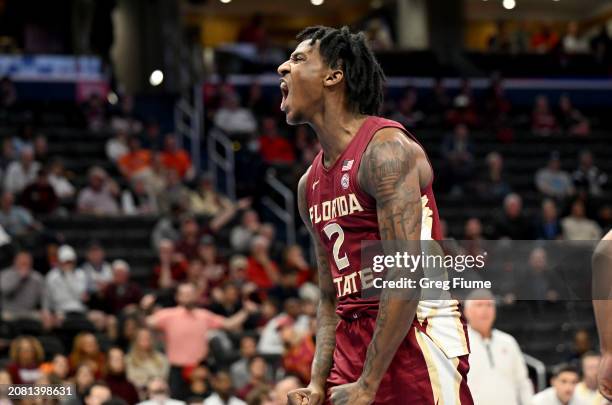 Jamir Watkins of the Florida State Seminoles celebrates in the first half against the Virginia Tech Hokies in the Second Round of the ACC Men's...