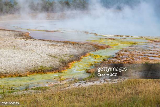 Run-off water from Excelsior Geyser Crater leaves brightly colored mineral deposits as it flows toward the Firehole River in the Midway Geyser basin...