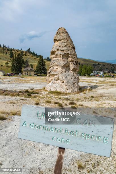 Liberty Cap formation is a cone shaped remnant of a dormant hot spring in the Mammoth Hot Springs area of Yellowstone National Park, Wyoming.